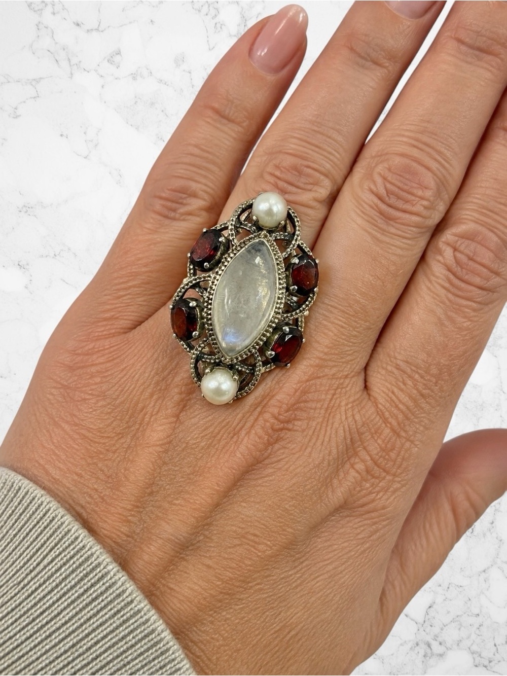 Nicky Butler NB Sterling Silver Garnet Moonstone Pearl Ring Marquis Oval Size 6